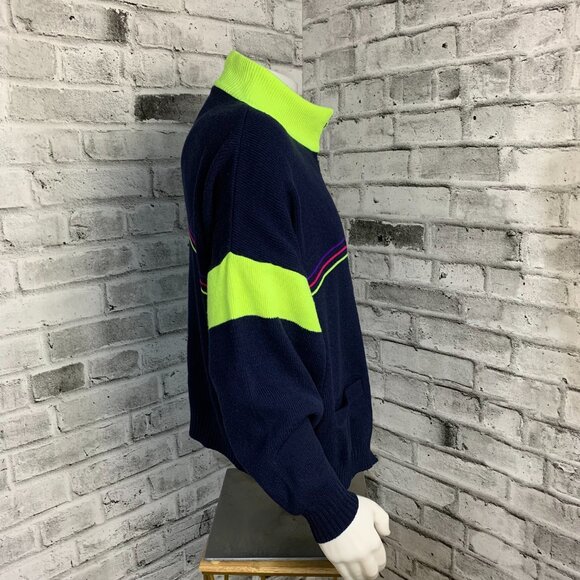 Vintage Jardi Wool Blend Navy Neon Green Knit Full Zip Ski Cadigan Sweater - Picture 5 of 14